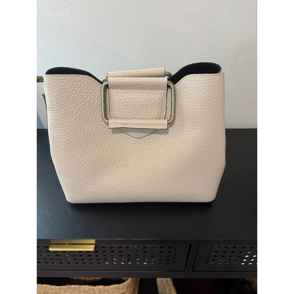 Isadora Italian Cream Pebbled Leather Handbag Metal Top Handle Tote Bag